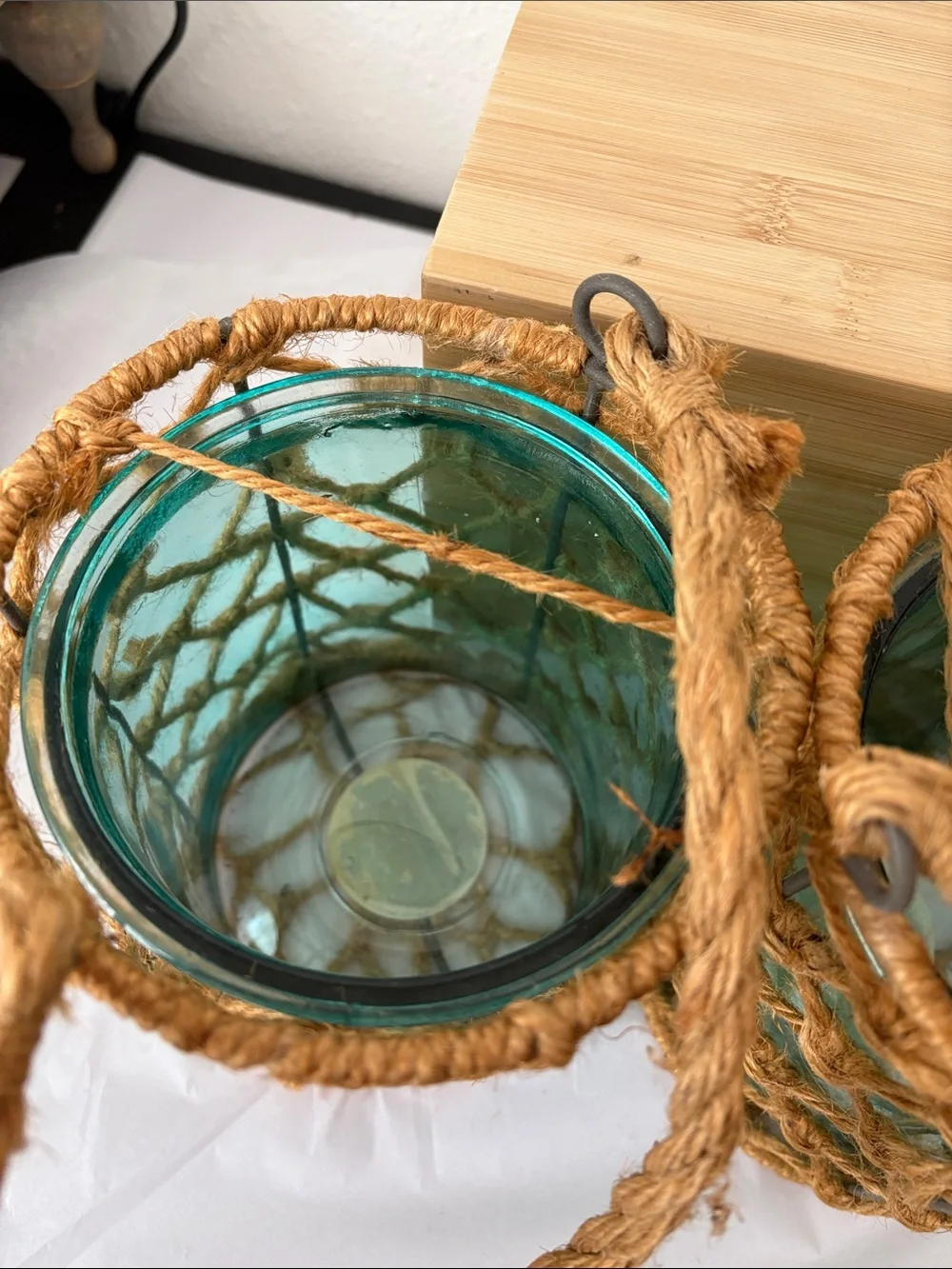 Home Essentials Aqua Glass Lanterns with Natural Jute Netting (2) Preowned